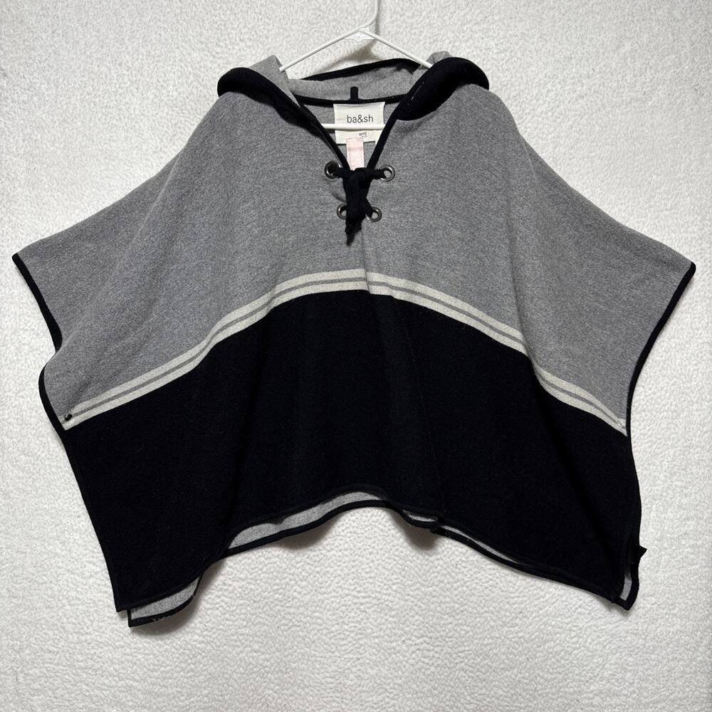 BA&SH Cape Colorblock Poncho Black Grey Lace Up WoolBlend Size 1 Hooded